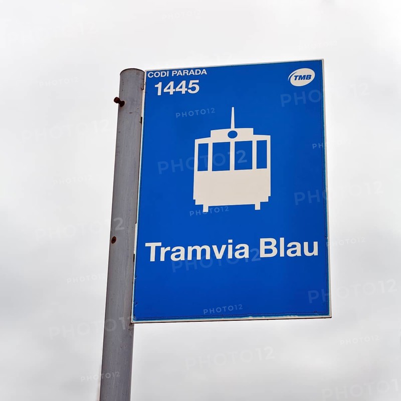 Nostalgic blue tram, sign at tram stop, inscription Tramvia Blau, pictogram, Tibidabo, Barcelona, Spain, Europe