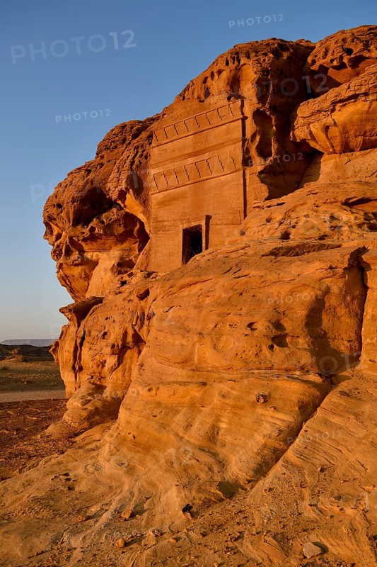 Nabataean tomb at Djabal Al-Ahmar in first daylight, Hegra or Mada'in Salih, AlUla region, Medina province, Saudi Arabia, Arabian Peninsula, Asia