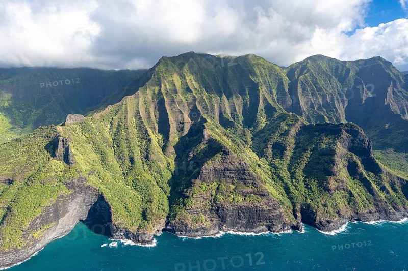 Aerial view Waiahuakua Sea Cave, Napali Coast, Kauai, Hawaii, USA, North America