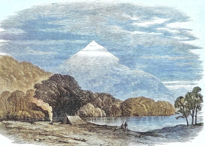 Camping on the Taramakau River, river on the border of the Grey District to the Westland District in the West Coast region on the South Island of New Zealand, Historic, digitally restored reproduction of a 19th century original, exact original date unknown