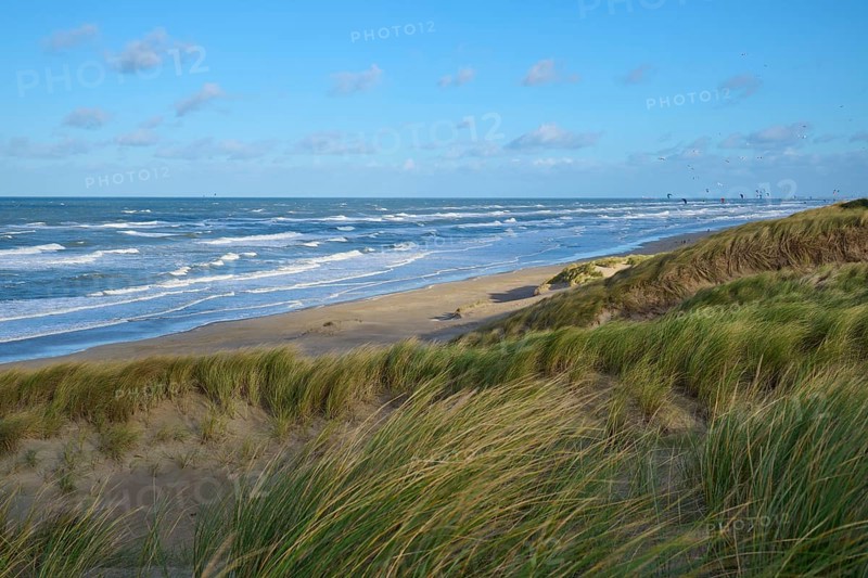 Sand dune, Sea, Marram Grass, Kitesurfer, Clouds, Zandvoort, North Sea, North Holland, Netherlands
