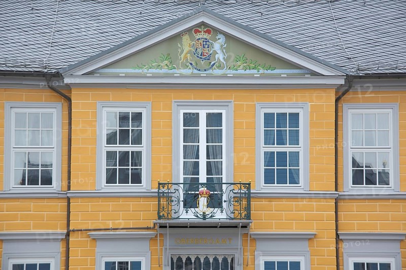 House facade and coat of arms with unicorn and lion figure from the Upper Mining Authority, Clausthal, Clausthal-Zellerfeld, Harz, Lower Saxony, Germany, Europe