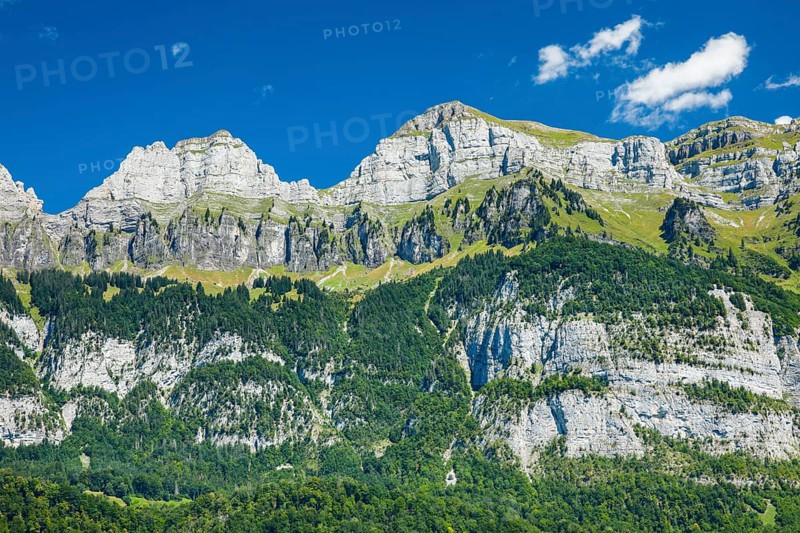 Churfirsten with Schibenstoll, 2234m, Hinterrugg, 2306m and Chäserrugg, 2262m, summer, Canton St. Gallen, Switzerland, Europe