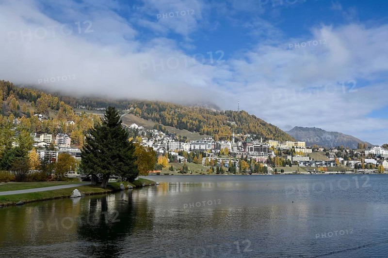 Overview St. Moritz and Lake St. Moritz, Switzerland, Europe