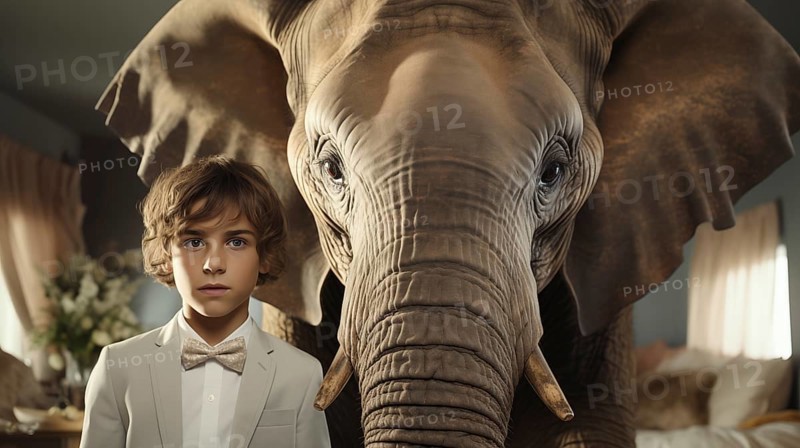 Young boy formally dressed uncomfortably standing next to the elephant in the room. generative AI