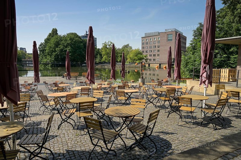 Empty chairs, Restaurant Waldhornschenke, Hagenbucher See, Untere Neckarstraße, Heilbronn, Baden-Württemberg, Germany, Europe