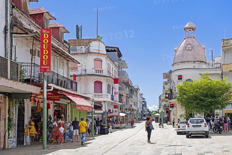 Shops in the old French colonial city centre of Pointe-à-Pitre, Grande-Terre at Guadeloupe, Lesser Antilles in the Caribbean Sea