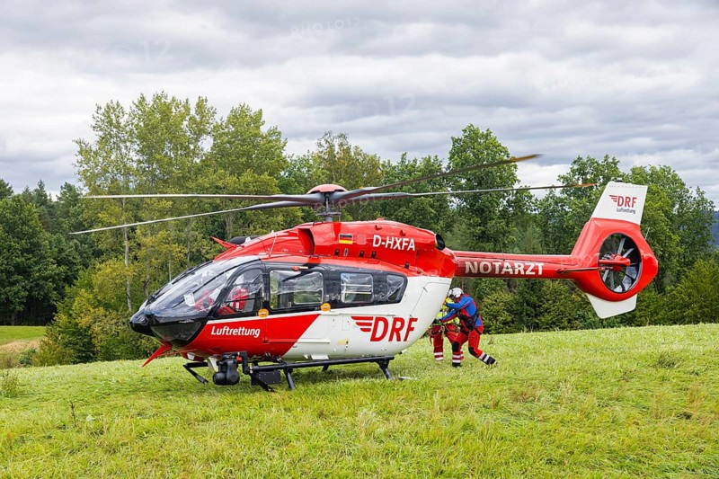 Winch rescue training of the rescue helicopter, Christoph 62, on the occasion of the 50th anniversary of the DRF Luftrettung. The rescue of casualties in the Elbe Sandstone Mountains will be practised