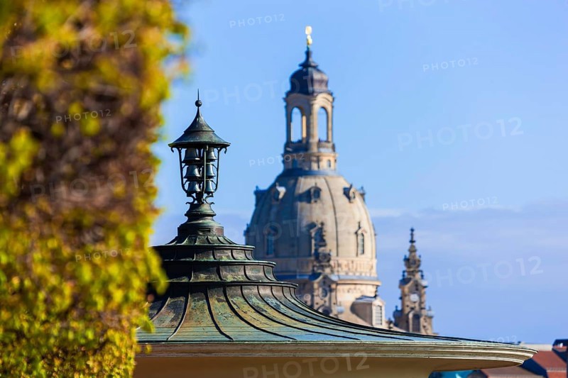 Dresden Glockenspiel Pavilion on the banks of the Elbe in Neustadt with a view of the Church of Our Lady