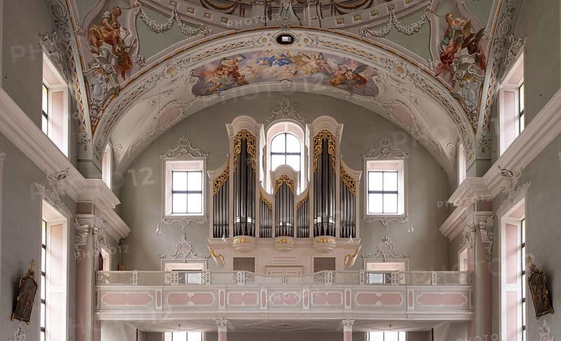 Organ, organ loft, interior photograph, St. George Catholic Parish Church, Neustift, Stubai Valley, Tyrol, Austria, Europe