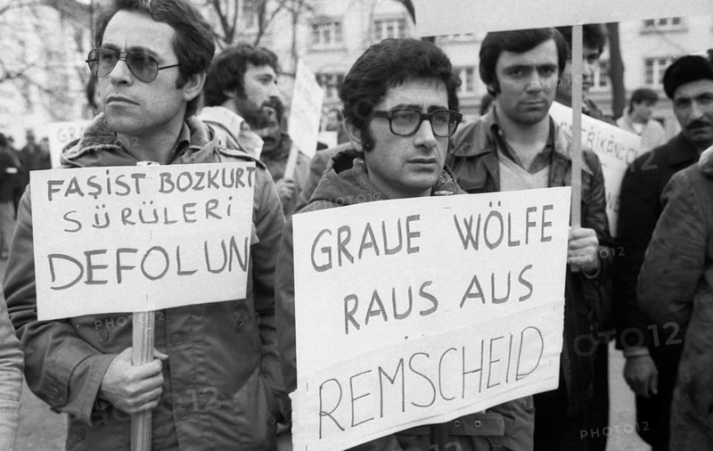 A ban on the Turkish right-wing organisation Graue Woelfe and the NPD was demanded by predominantly Turkish demonstrators on 01.03.1980 in Remscheid, Germany, Europe