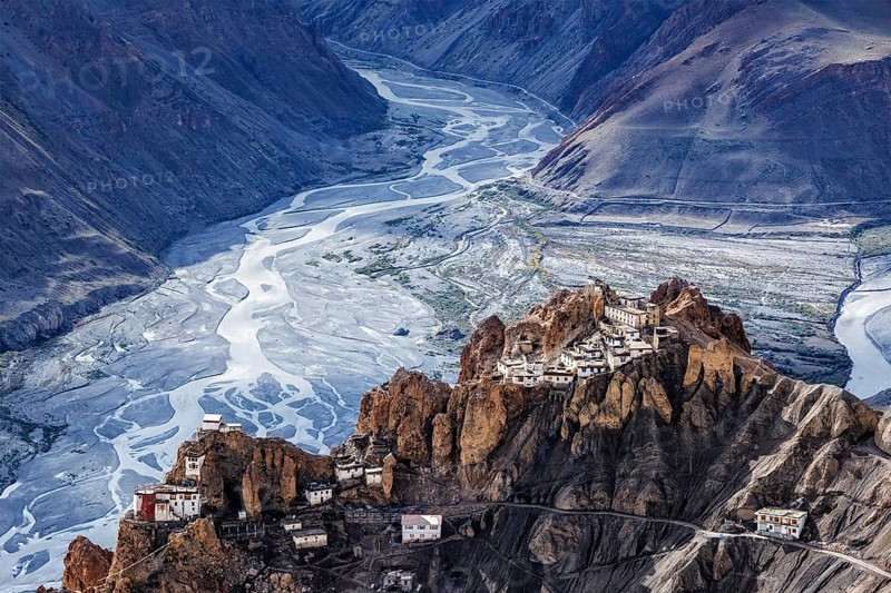 Dhankar monastry perched on a cliff in Himalayas. Dhankar, Spiti Valley, Himachal Pradesh, India, Asia