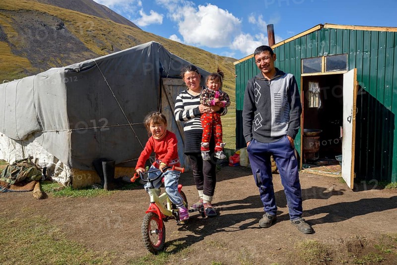 Shepherd family on their summer pasture, West Karakol Valley, Tien Shan Mountains, Naryn region, Kyrgyzstan, Asia
