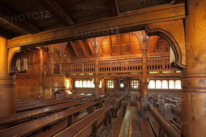 Interior photograph of the Gustav-Adolf-Stabkirche built in 1908 in Hahnenklee, wooden church, wooden construction, Harz Mountains, Lower Saxony, Germany, Europe