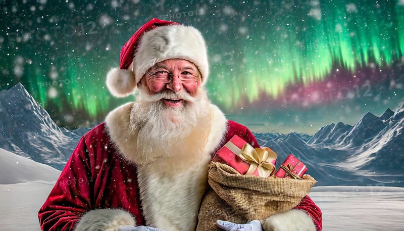 Christmas, Father Christmas with a sack full of presents stands in a snowy landscape, there are northern lights in the sky, AI generated