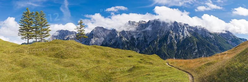 Panorama from Hoher Kranzberg, 1397m onto the cloudy Karwendel Mountains, Werdenfelser Land, Upper Bavaria, Bavaria, Germany, Europe