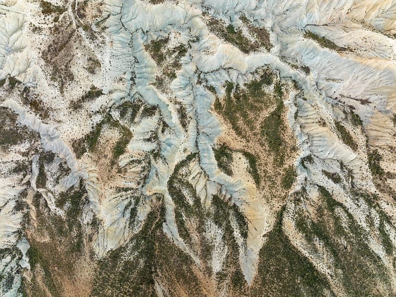 Bare ridges of eroded sandstone in the badlands of the Tabernas Desert, Europe's only true desert, aerial view, drone shot, Almería province, Andalusia, Spain, Europe