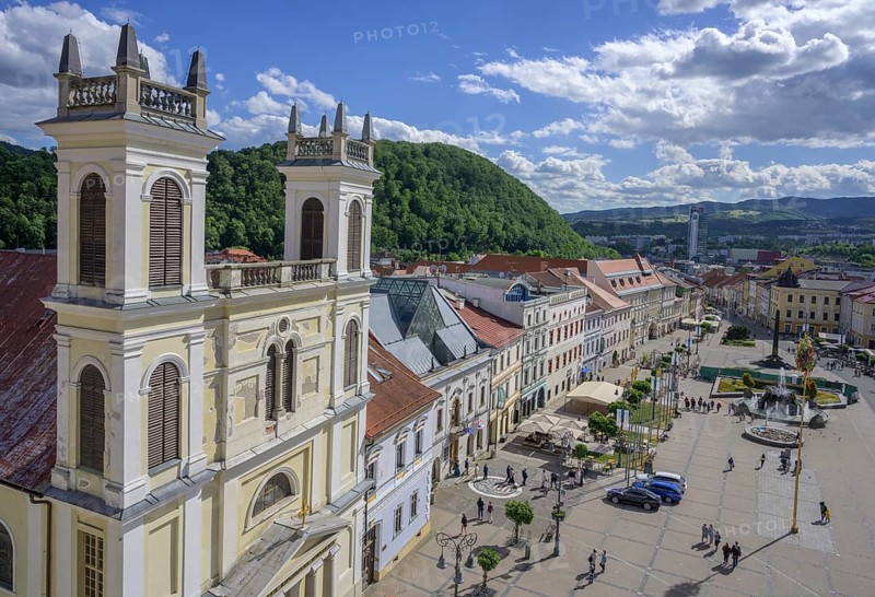 View of the Cathedral of St. Francis Xavier and the main square from the clock tower, Banská Bystrica, Banskobystrický kraj, Slovakia, Europe