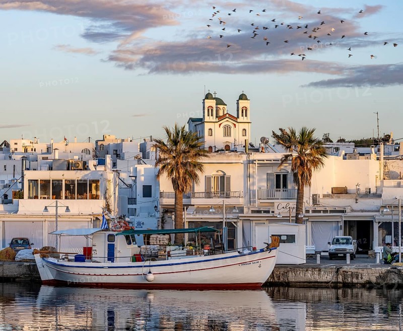 View of Naoussa, Fishing boats in the harbour at sunset, reflected in the sea, White Cycladic houses and church Agios Faneromeni, Naoussa, Paros, Cyclades, Greece, Europe