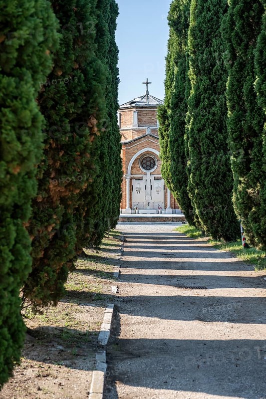 Cypress avenue at the central cemetery of Venice, cemetery island of San Michele, Venice, Italy, Europe