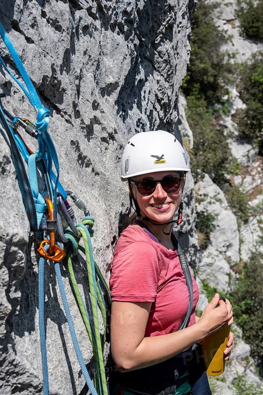 Climber on the rope, multi-pitch climbing, Via la Bellezza della Venere climbing tour, Garda Mountains, Arco, Trentino-Alto Adige, Italy, Europe