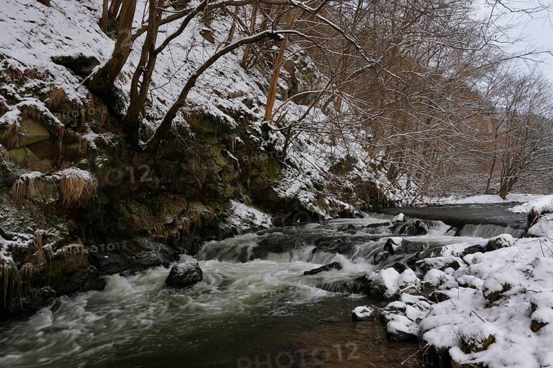 Waterfall in the Polenz in Saxon Switzerland in winter, Saxon Switzerland, Elbe Sandstone Mountains, Saxony, Germany, Europe