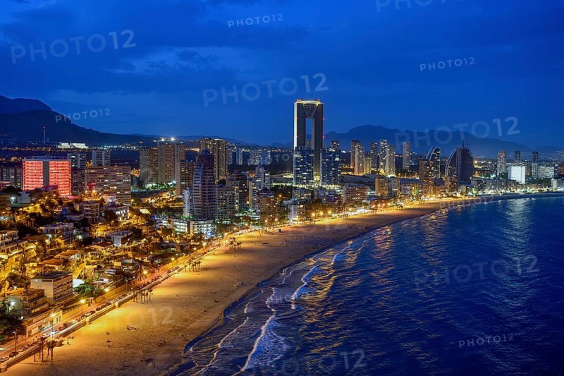 Skyline of Benidorm with the high-rise Intempo, with 192 metres the highest residential building in Europe, blue hour, Playa Poniente, Benidorm, Costa Blanca, Valencia County, Spain, Europe