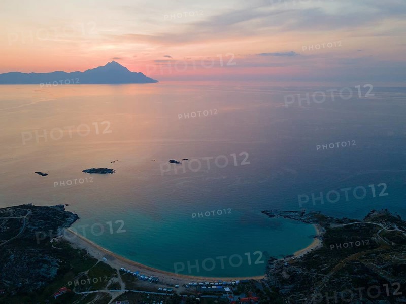 Aerial view, dawn, view of Mount Athos, Orthodox monastic republic with autonomous status under Greek sovereignty, taken from Kriaritsi, Sithonia, Chalkidiki, Central Macedonia, Greece, Europe