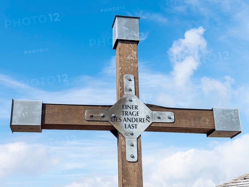 Christian cross with inscription, One bears the other's burden, Hochwald summit, Zittau Mountains, Saxony, Germany, Europe