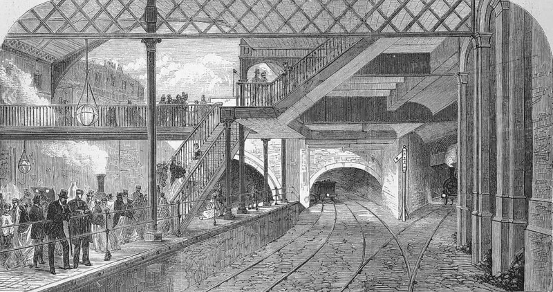 The Metropolitan Railway in 1869, railway, here Kings Cross station in London, England, Historic, digitally restored reproduction of an original 19th century master, exact original date not known
