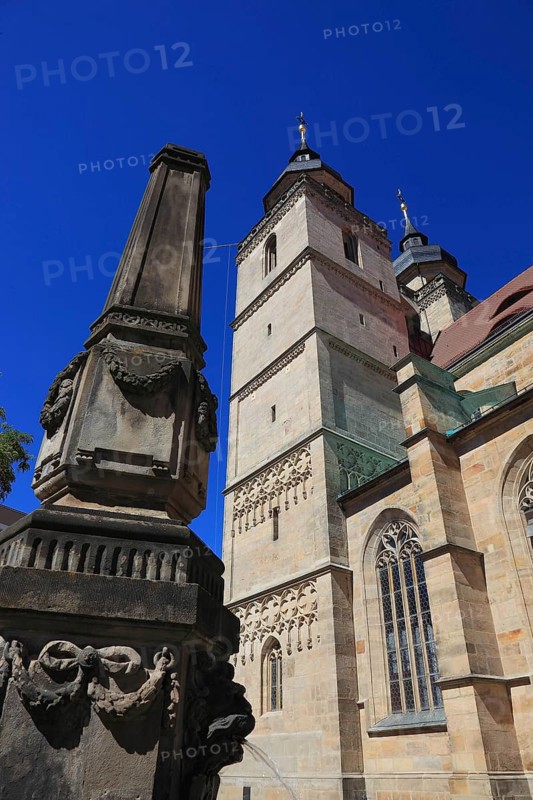The city church, Holy Trinity, and the obelisk fountain in the city centre, Bayreuth, Upper Franconia, Bavaria, Germany, Europe
