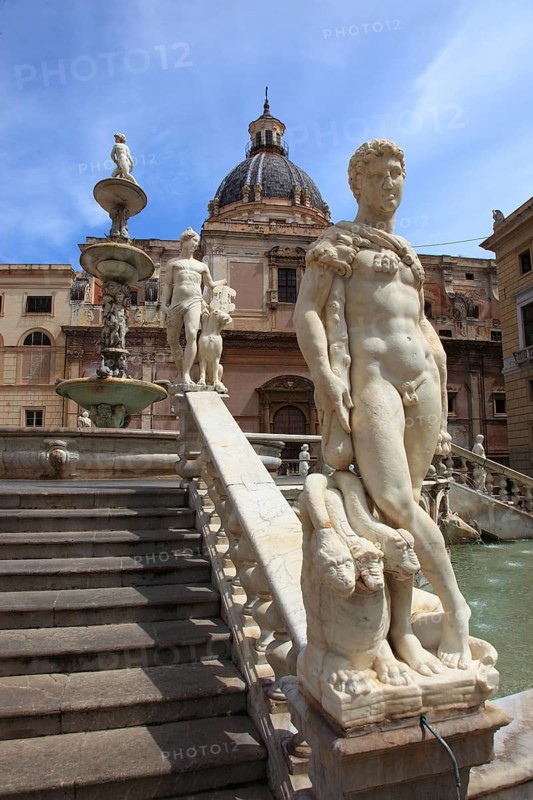 Old town of Palermo, Piazza Pretoria, figures of the Mannerist fountain Fontana Pretoria and in the background the Dominican Church of Santa Caterina, Sicily, Italy, Europe