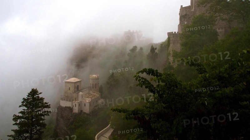 Castello Pepoli, La Torretta, Norman Castle, Slope, Fog, Castle, Erice, Trapani Province, Mountain, Sicily, Italy, Europe