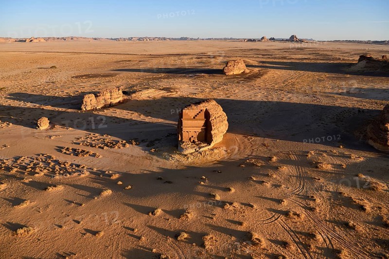 Qasr Al-Farid, 2000-year-old tomb of the Nabataeans, aerial view, Hegra or Madain Salih, AlUla region, Medina province, Saudi Arabia, Arabian Peninsula, Asia