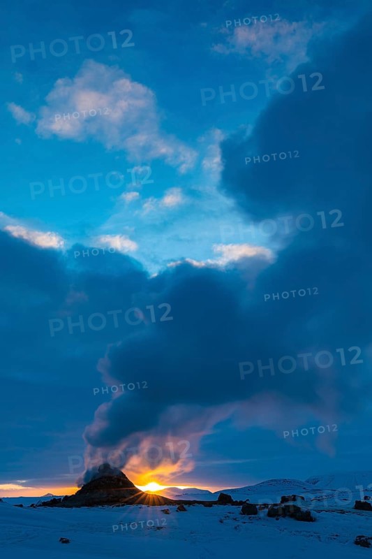 Mud pot with steam source at sunrise, Hverir solfataras field, fumaroles, snow-covered geothermal area, Northern Iceland Eyestra, Iceland, Europe