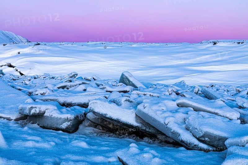 Icefall at the river Skialfandafljot at blue hour, near the waterfall Godafoss, snow-covered landscape, Northern Iceland Eyestra, Iceland, Europe