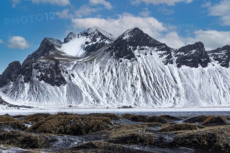 Black sand dunes with reed remains, behind them snowy rocky slopes of Klifantindur, near Vestrahorn, near Höfn, Sudausturland, Iceland, Europe