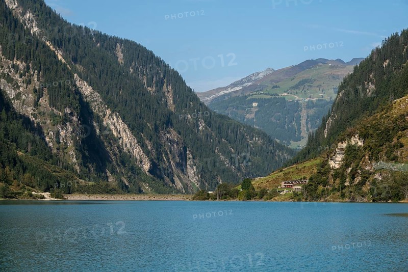 Stilluptal, Stiillup reservoir (1116m), Stillupgrund, Mayrhofen, reservoir lake, dam, water reflection, alpine mountain landscape, coniferous forest, blue sky, Zillertal Alps, Tyrol, Austria, Europe