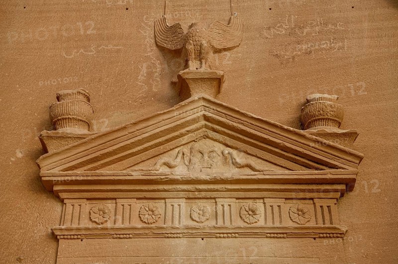 Detail of a Nabataean tomb at the rock Qasr Al-Bint, Hegra or Madain Salih, AlUla region, Medina province, Saudi Arabia, Arabian Peninsula, Asia