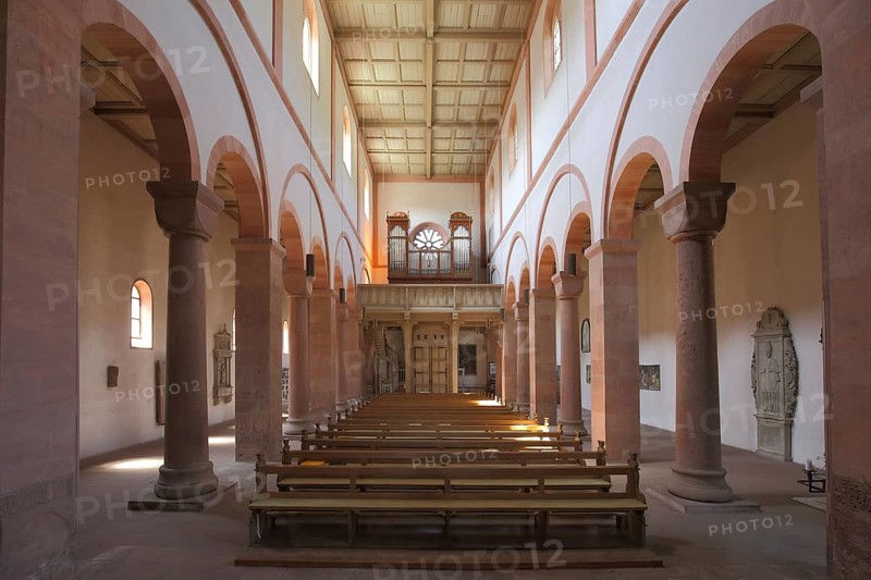 Interior view of Carolingian monastic complex Church of St. Michael and St. Gertraud in Neustadt am Main, Spessart, Bavaria, Germany, Europe