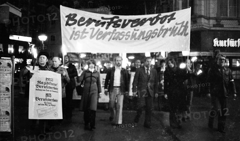 Nazi victims, some in concentration camp uniforms, demonstrated against the occupational bans caused by the Radical Decree on 23 October 1975 in Bonn. The call was made by the Association of Persecuted Persons of the Nazi Regime (VVN), Germany, Europe