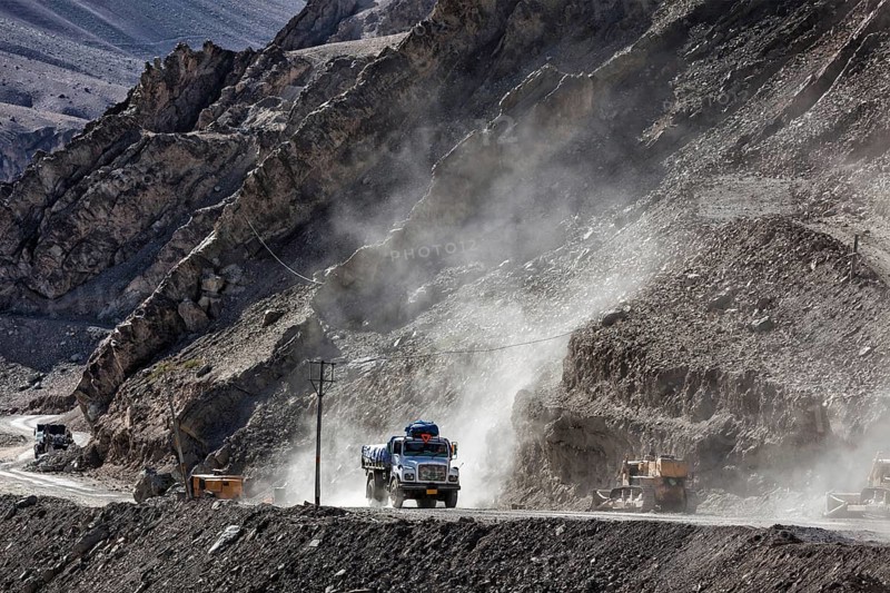 Indian lorry on national highway Srinagar-Leh NH-1 in Himalayas. Ladakh, India, Asia