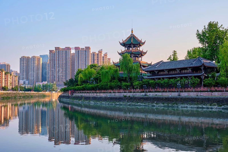 CHENGDU, CHINA, APRIL 16, 2018: Wangjiang Pavilion (Wangjiang Tower) Park (Wangjianglou Park) view over Jinjiang River, Chengdu, Sichuan, China on sunset