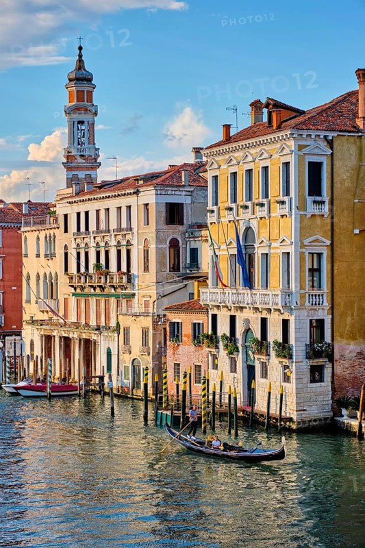 VENICE, ITALY, JUNE 27, 2018: Grand Canal with boats and gondolas on sunset, Venice, Italy, Europe