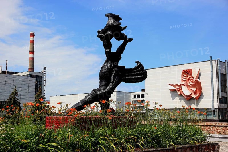 Exclusion zone, in the uninhabitable 30-kilometre zone around the Chernobyl power plant and the workers' settlement of Pripyat, monument in front of the accident reactor of the nuclear power plant and administration building, Ukraine, Europe