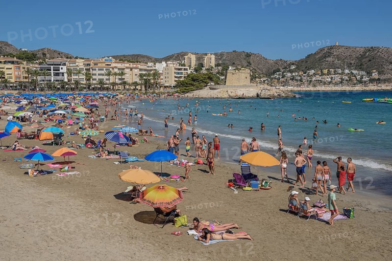 Platja de L'Ampolla Beach with fortress, Moraira, Alicante, Costa Blanca, Spain, Europe