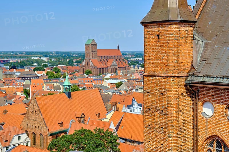 View from the viewing platform of the Georgenkirche over the Hanseatic city of Wismar, Mecklenburg-Western Pomerania, Germany, Europe