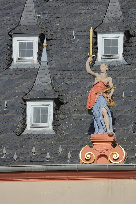 Justitia figure on the roof with dormers of the town hall, market place, Groß-Umstadt, Hesse, Germany, Europe