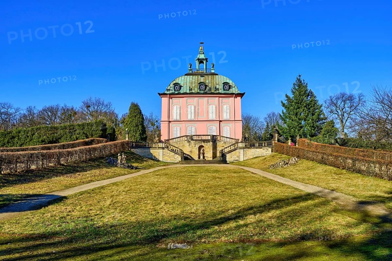 The little pheasant castle in the middle of the pheasantry of the Moritzburg castle park was built in the late 18th century as a rococo building in the chinoiserie style and is a popular destination for excursions today, Moritzburg near Dresden, Saxony, Germany, Europe