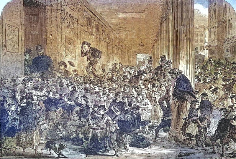 Crowd of children for the Christmas performance of the pantomime at the Drury-Lane Theatre, London, 1869, England, Historic, digitally restored reproduction of an original 19th century original, exact original date unknown
